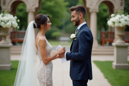 Mariée et marié échangeant leurs vœux en extérieur