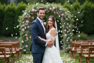 Jeune couple de mariés surpris dans un jardin lors de leur mariage
