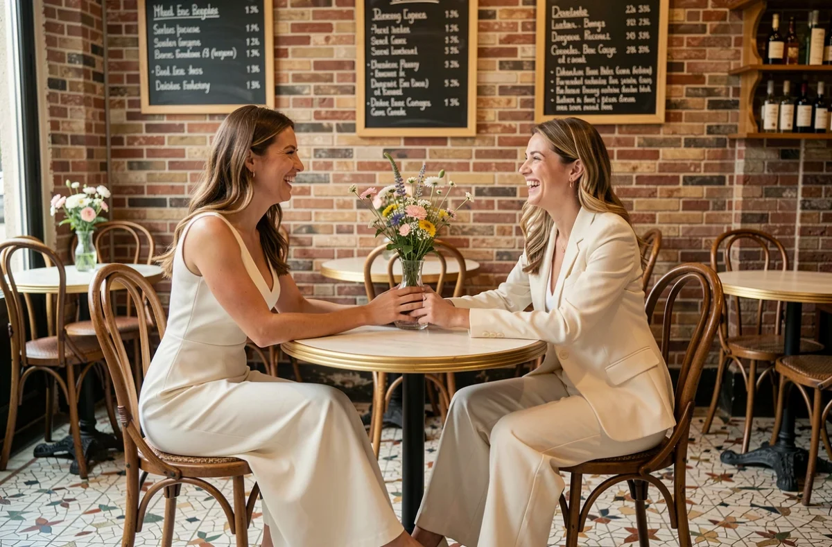 Deux mariées souriantes en tenues de mariage simples et élégantes, robe fourreau en crêpe ivoire et costume tailleur blanc, dans un bistrot français rustique décoré de fleurs sauvages