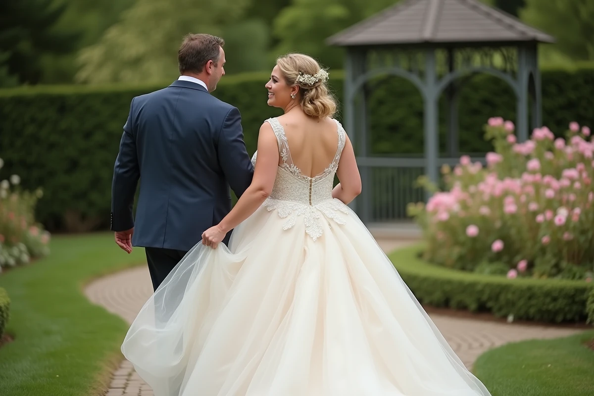 Mariée joyeuse en robe volumineuse dans un jardin après la cérémonie