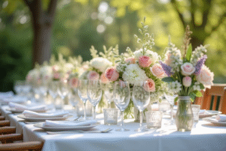 Table de mariage printanier élégante en plein air avec fleurs pastel