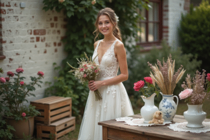Jeune mariée souriante en robe vintage avec bouquet de fleurs sauvages