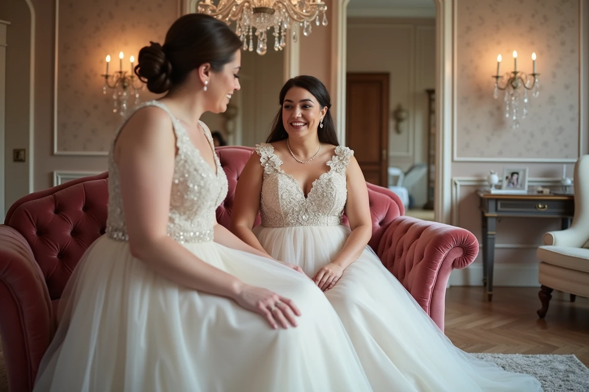 Mariée grande taille en robe champagne assise avec une conseillère dans une cabine d'essayage de boutique spécialisée