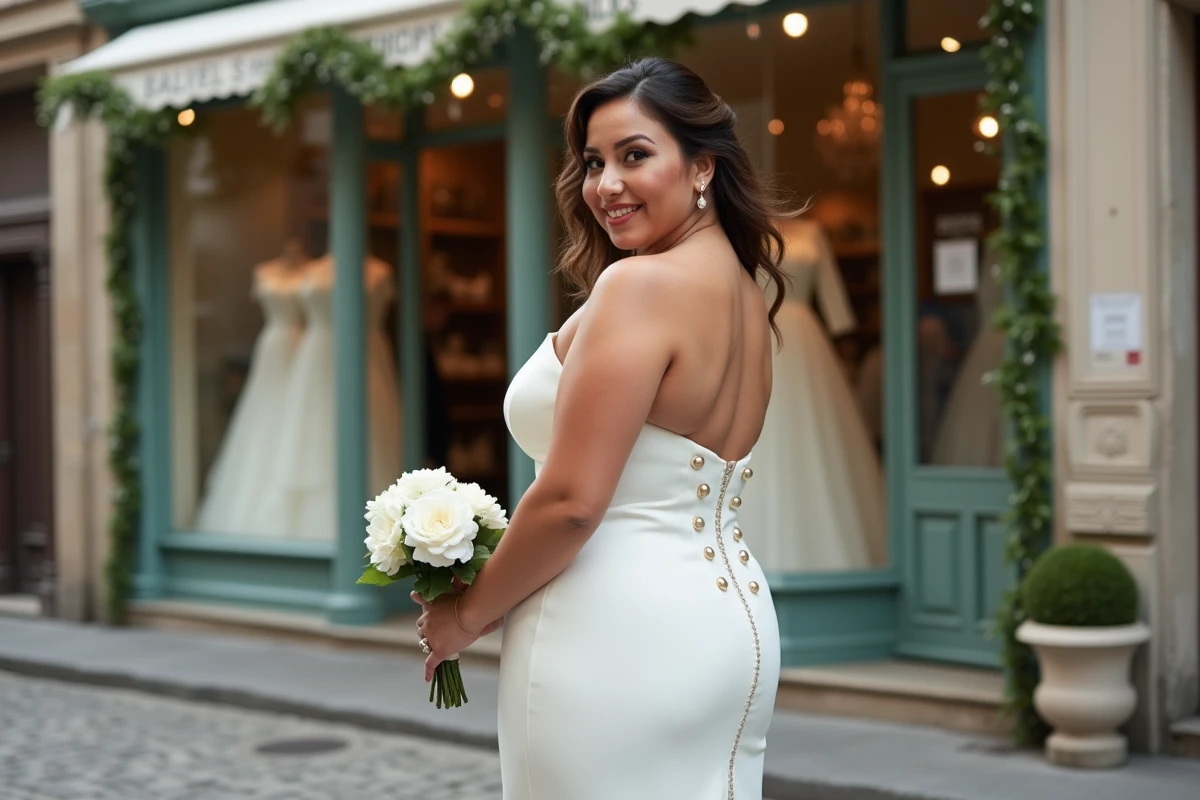 Mariée grande taille en robe sirène blanche devant la devanture d'un magasin de robes de mariée pas cher