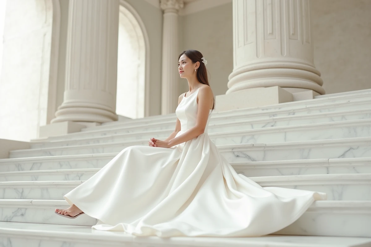 Femme en robe de mariée blanche épurée assise sur un escalier en marbre dans un intérieur néoclassique élégant