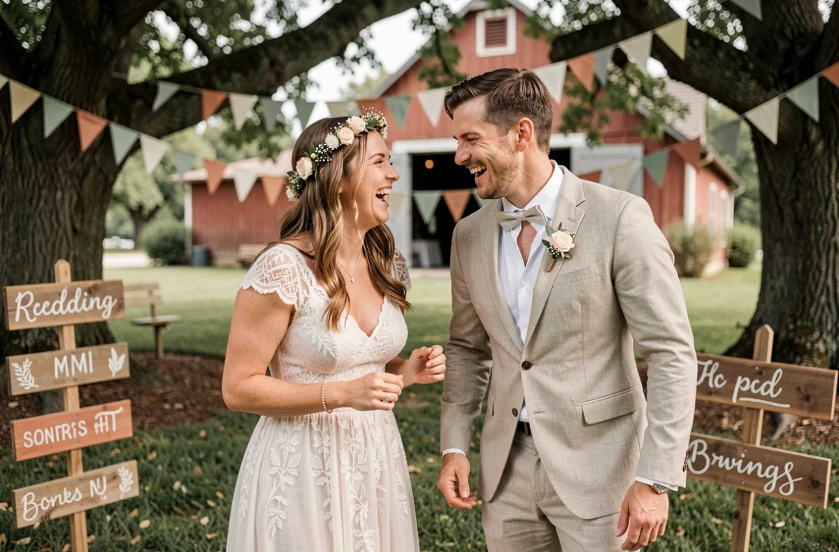 Mariés jouant à un jeu champêtre en plein air lors de leur mariage rustique