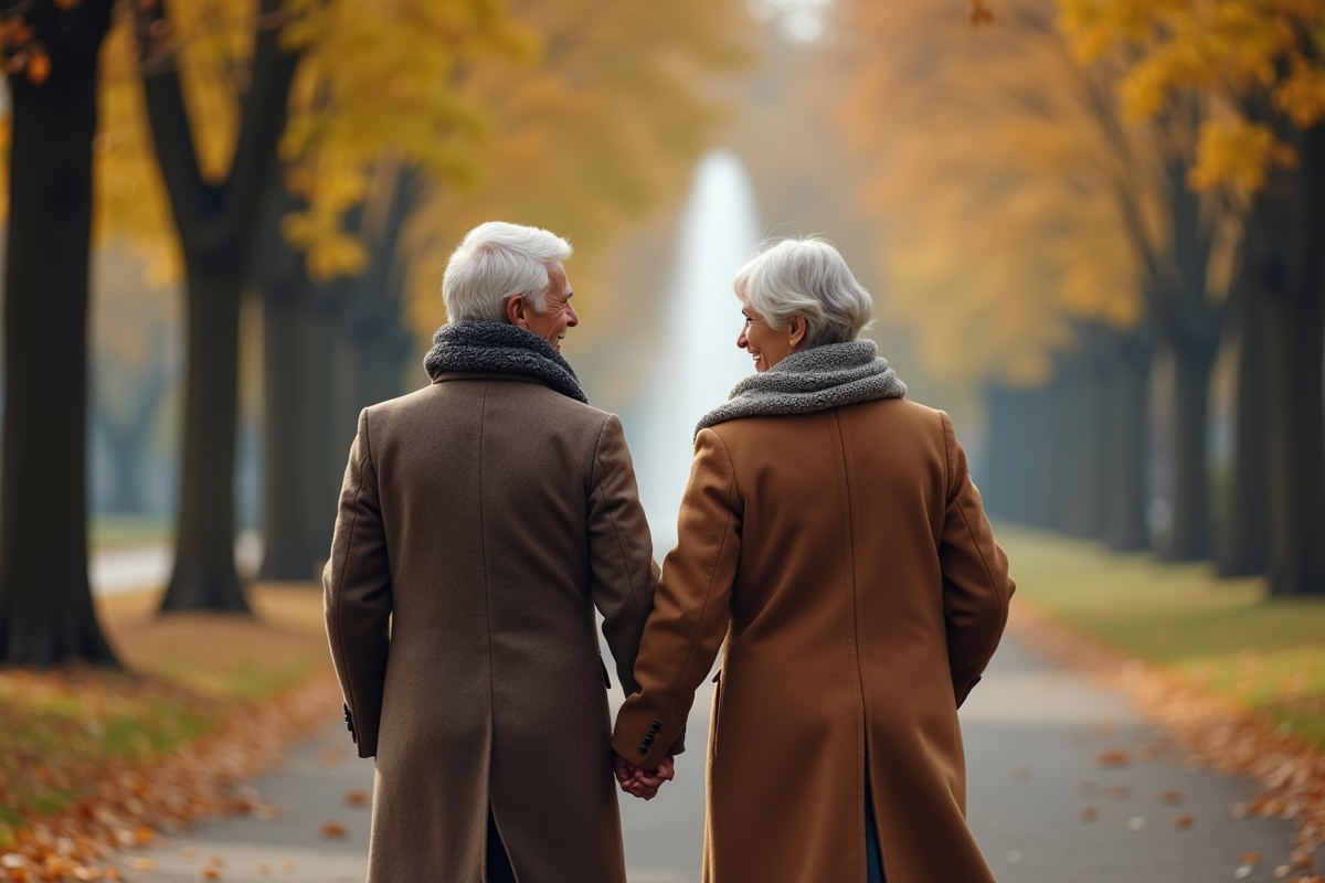 Couple âgé marchant main dans la main dans un parc