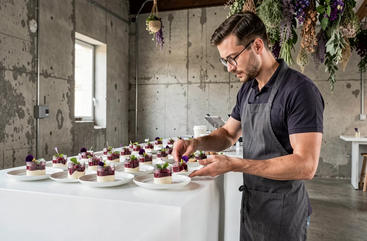 Chef de Matt Monde Traiteur dressant des amuse-bouches créatifs en verrines lors d'un mariage contemporain dans un loft industriel à Montpellier