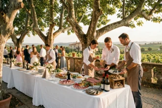 Réception de mariage élégante en plein air dans l'Hérault, avec des tables dressées sous des platanes et une équipe traiteur servant des spécialités méditerranéennes