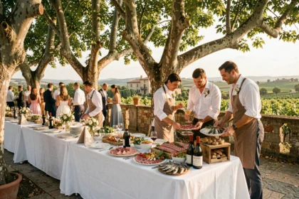Réception de mariage élégante en plein air dans l'Hérault, avec des tables dressées sous des platanes et une équipe traiteur servant des spécialités méditerranéennes