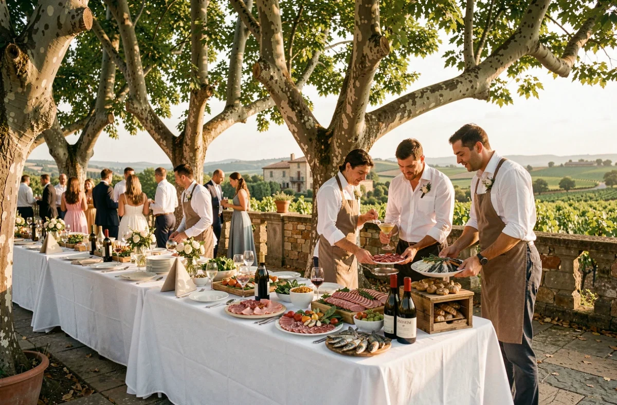 Réception de mariage élégante en plein air dans l'Hérault, avec des tables dressées sous des platanes et une équipe traiteur servant des spécialités méditerranéennes