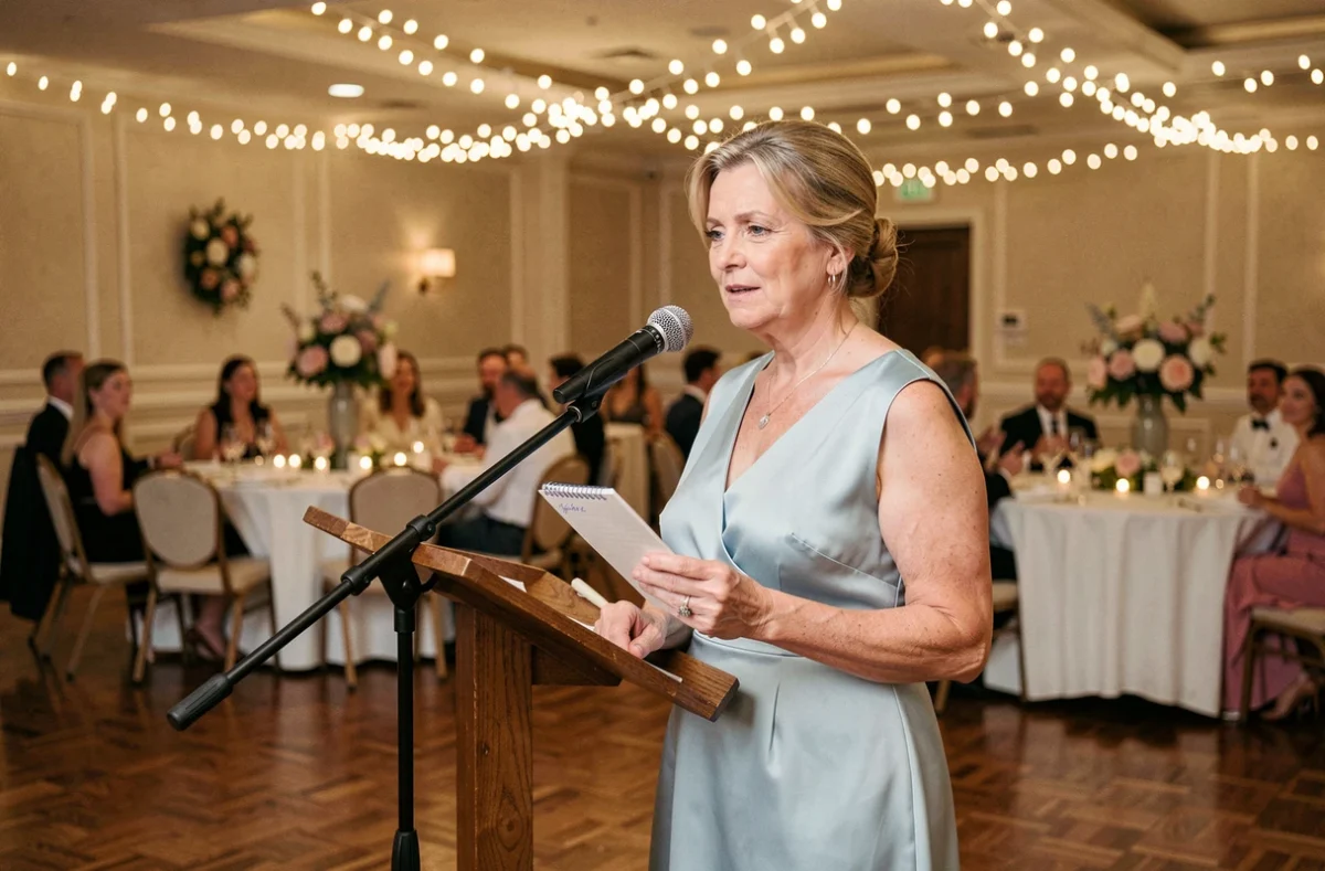 Mère de la mariée prononçant un discours émouvant lors d'un mariage dans une salle de réception élégamment décorée