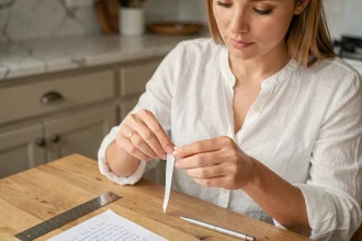 Femme mesurant la taille de son doigt avec une bande de papier pour choisir la bonne taille de bague