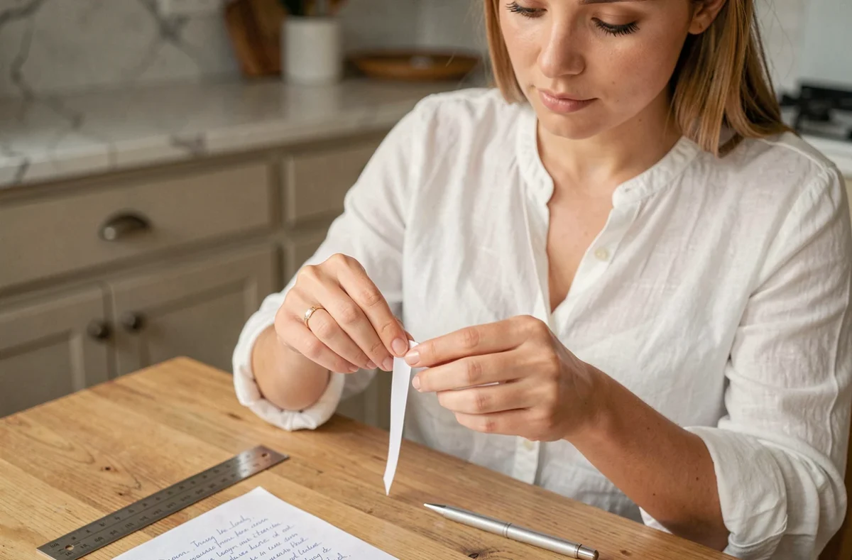 Femme mesurant la taille de son doigt avec une bande de papier pour choisir la bonne taille de bague