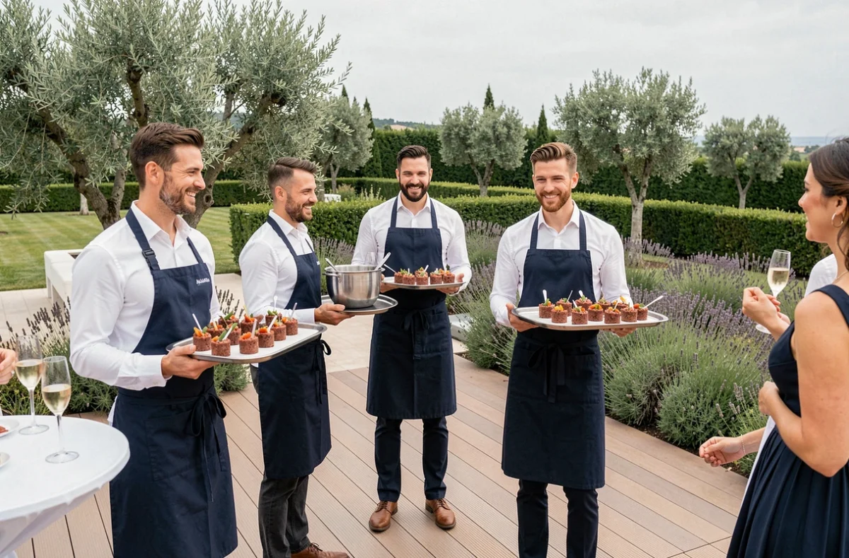 Équipe de MNB Traiteur servant des bouchées cocktail et du champagne à des invités lors d'un mariage sur une terrasse moderne surplombant un jardin d'oliviers et de lavande dans l'Hérault
