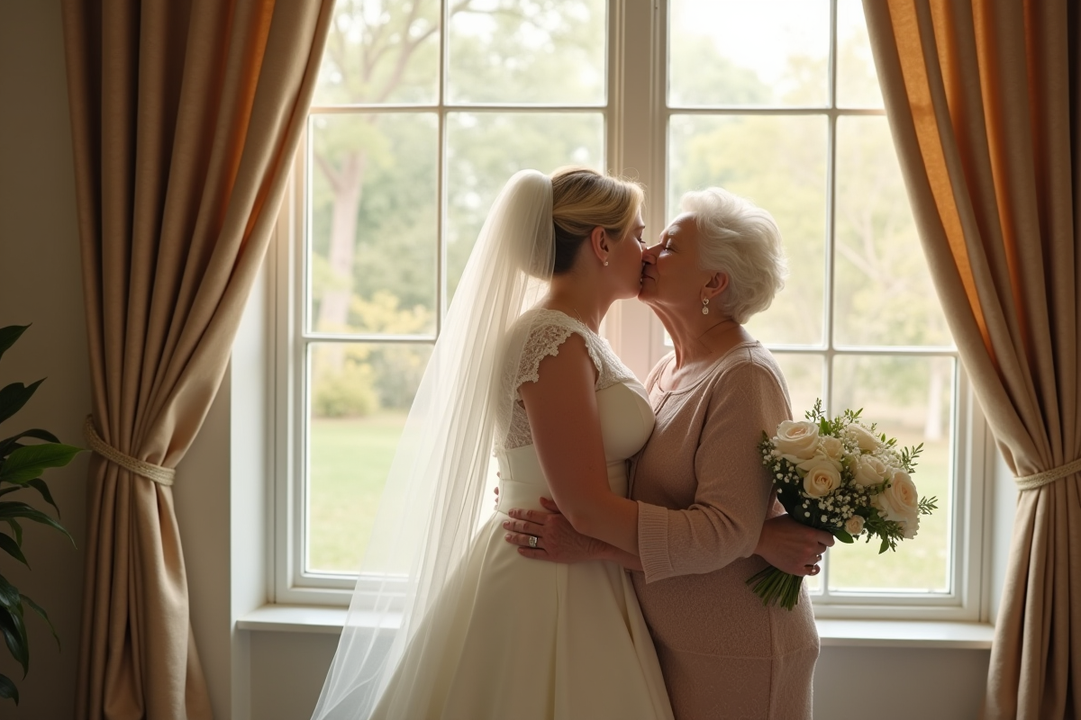 Grand-mère et mariée partageant un moment doux près d