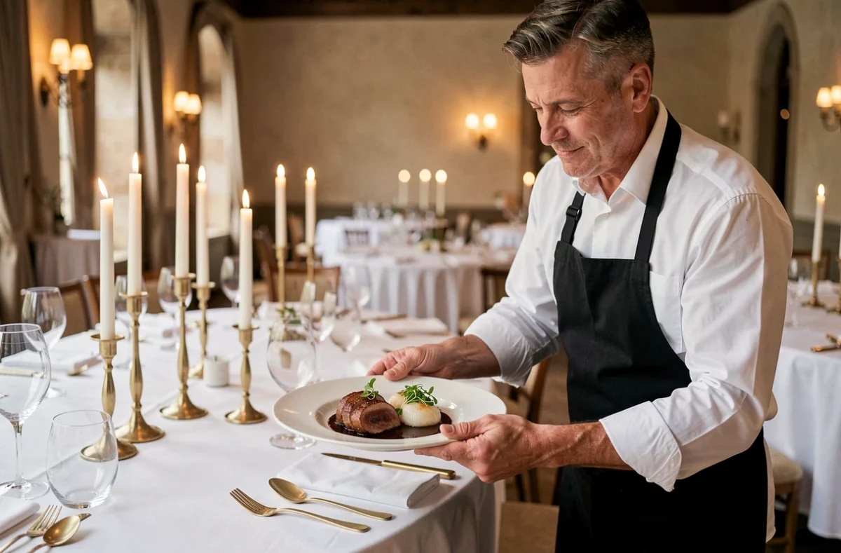 Chef de Monsieur Louis Traiteur présentant une assiette gastronomique raffinée de canard et saint-jacques lors d'un dîner de mariage haut de gamme à Montpellier