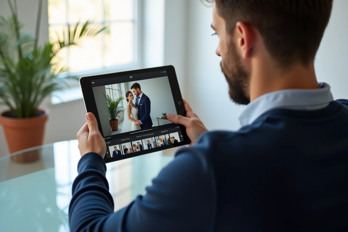Homme utilisant une tablette pour monter un diaporama mariage avec sélection musicale dans un studio épuré