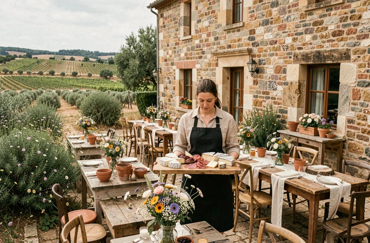 Serveur du Montrognon Traiteur portant un plateau de fromages et charcuteries dans une cour de mas rustique au cœur de l'Hérault, avec décoration champêtre et vignes en arrière-plan