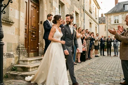 Couple de mariés souriant à la sortie de la mairie sous une pluie de confettis colorés lors d'une cérémonie civile en village français