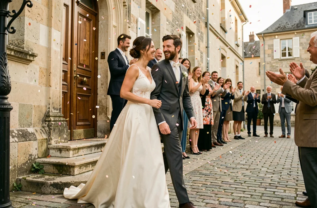 Couple de mariés souriant à la sortie de la mairie sous une pluie de confettis colorés lors d'une cérémonie civile en village français