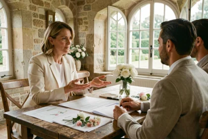 Planificatrice de mariage discutant du budget et des détails contractuels avec un couple pour un mariage de 100 personnes dans un domaine en pierre