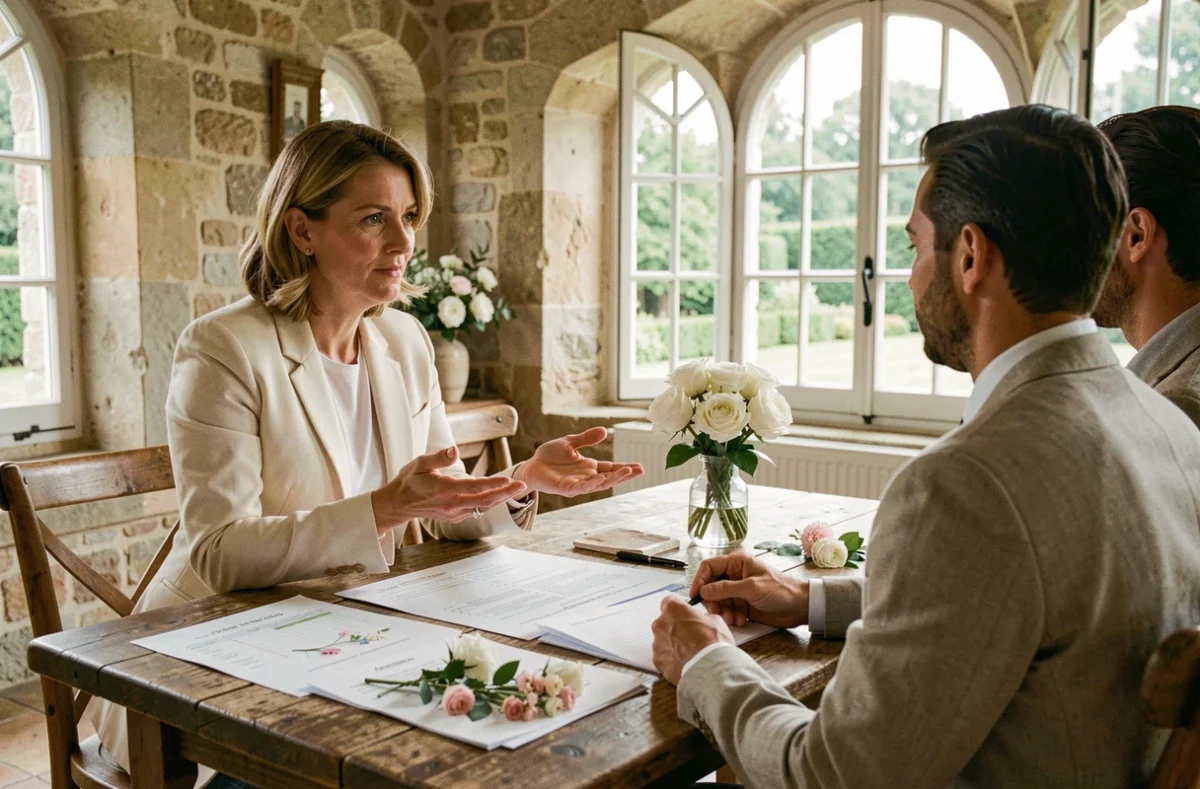 Planificatrice de mariage discutant du budget et des détails contractuels avec un couple pour un mariage de 100 personnes dans un domaine en pierre