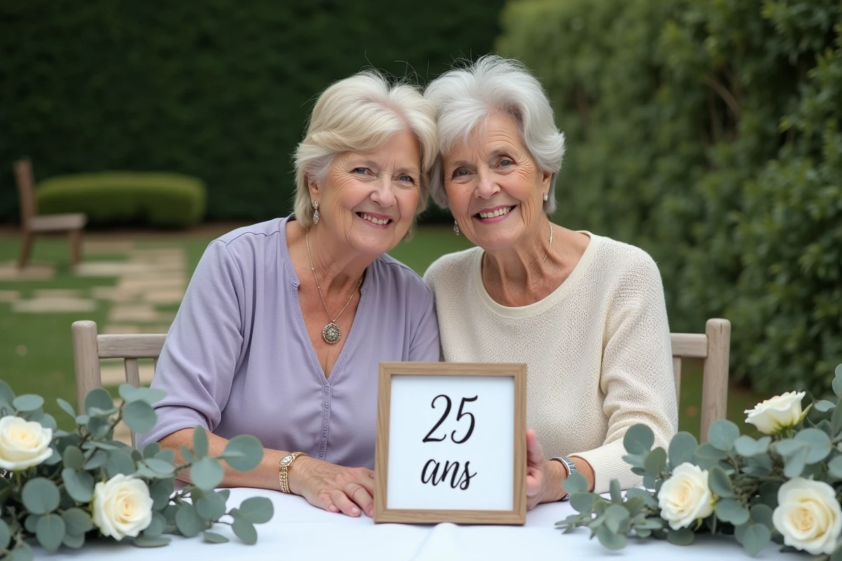 Deux femmes célébrant leurs noces d'argent dans un jardin fleuri avec des branches d'eucalyptus et des roses blanches