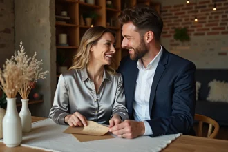 Couple fêtant leurs noces de papier avec une guirlande vintage et une carte manuscrite sur une table en bois rustique