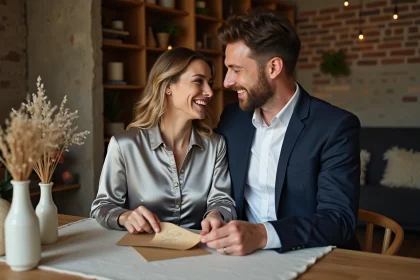 Couple fêtant leurs noces de papier avec une guirlande vintage et une carte manuscrite sur une table en bois rustique