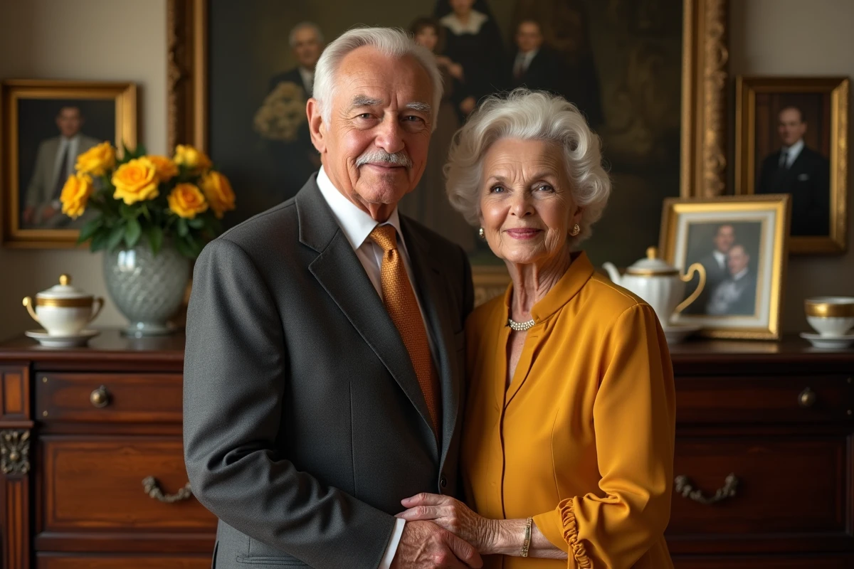 Couple de seniors célébrant leurs noces d'or avec un service en porcelaine et des roses jaunes sur un meuble ancien