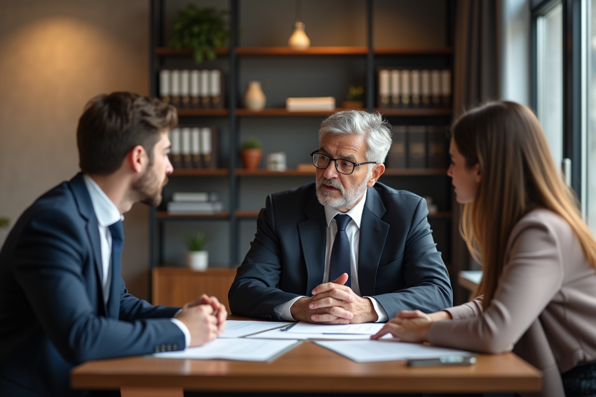 Notaire en discussion avec un couple dans un bureau moderne