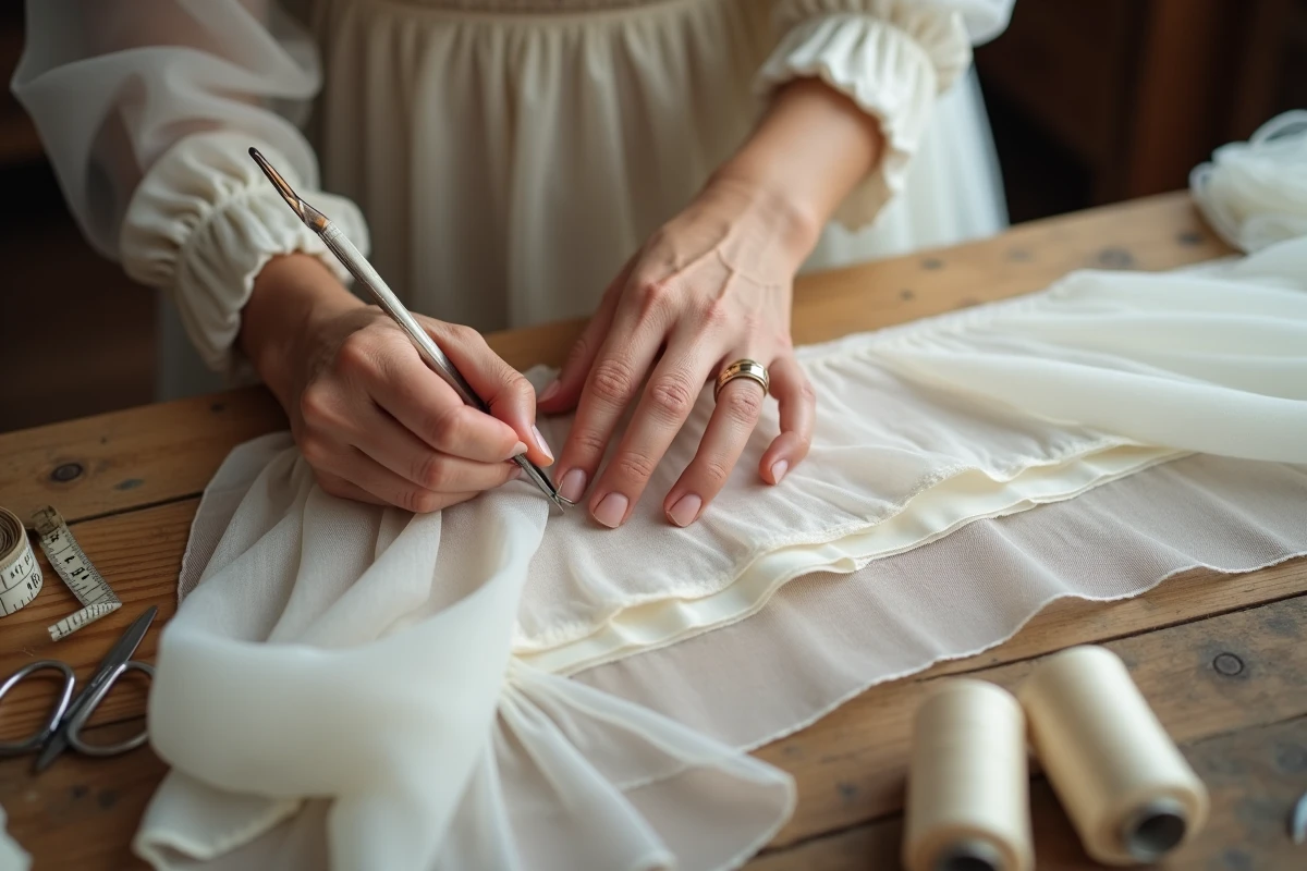 Gros plan sur les retouches de l'ourlet d'une robe de mariée réalisées par une couturière expérimentée