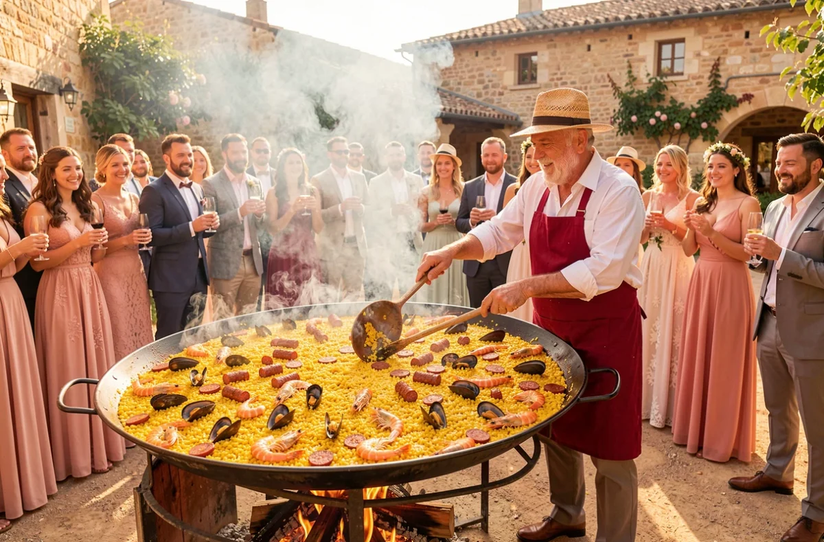 Cuisinier de Paella del Pueblo remuant une immense paella aux fruits de mer et au safran sur feu de bois lors d'un mariage en plein air dans l'Hérault