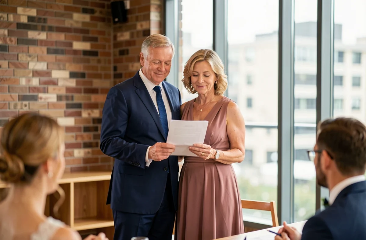 Parents des mariés prononçant un discours conjoint lors d'un mariage dans un lieu moderne avec briques apparentes
