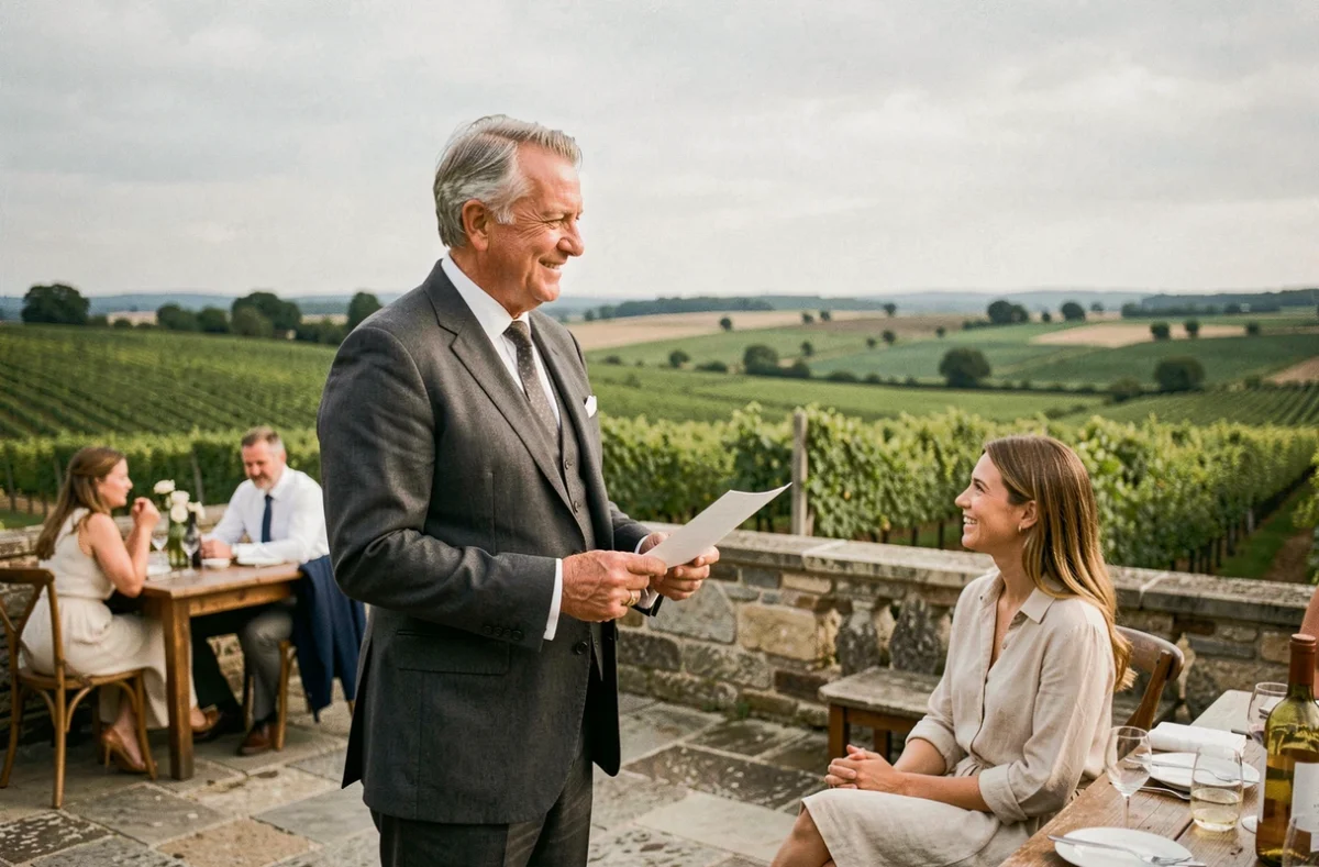 Père de la mariée prononçant son discours en plein air sur la terrasse d'un château lors d'un mariage champêtre