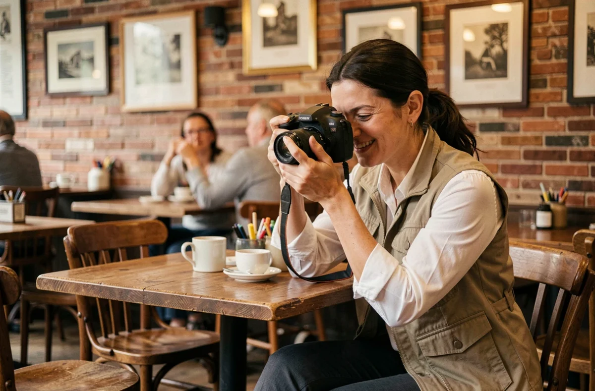 Photographe professionnelle révisant ses clichés dans un café typique de Craponne après une séance photo