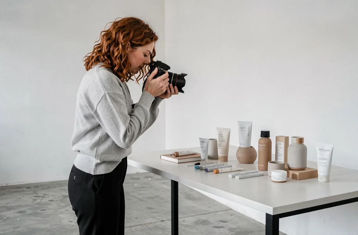 Photographe commerciale prenant en photo des produits dans un studio minimaliste à Montélimar