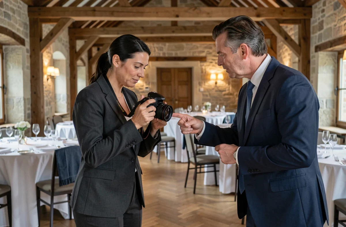 Photographe professionnelle consultant avec un client lors d'un événement corporate dans une salle historique à Beaune