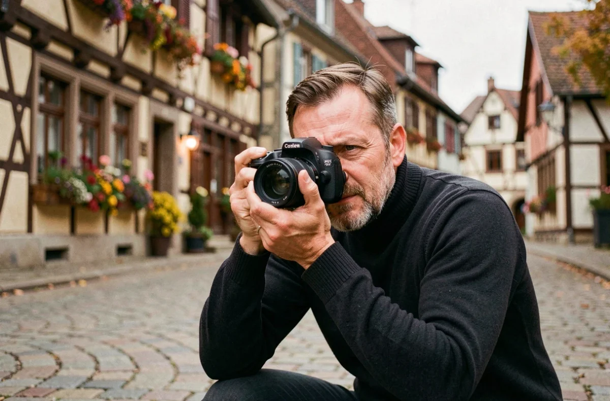 Photographe professionnel en train de photographier dans les rues pavées et colorées d'Obernai en Alsace