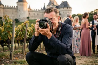 Photographe professionnel en action lors d'un événement viticole à Beaune en Bourgogne