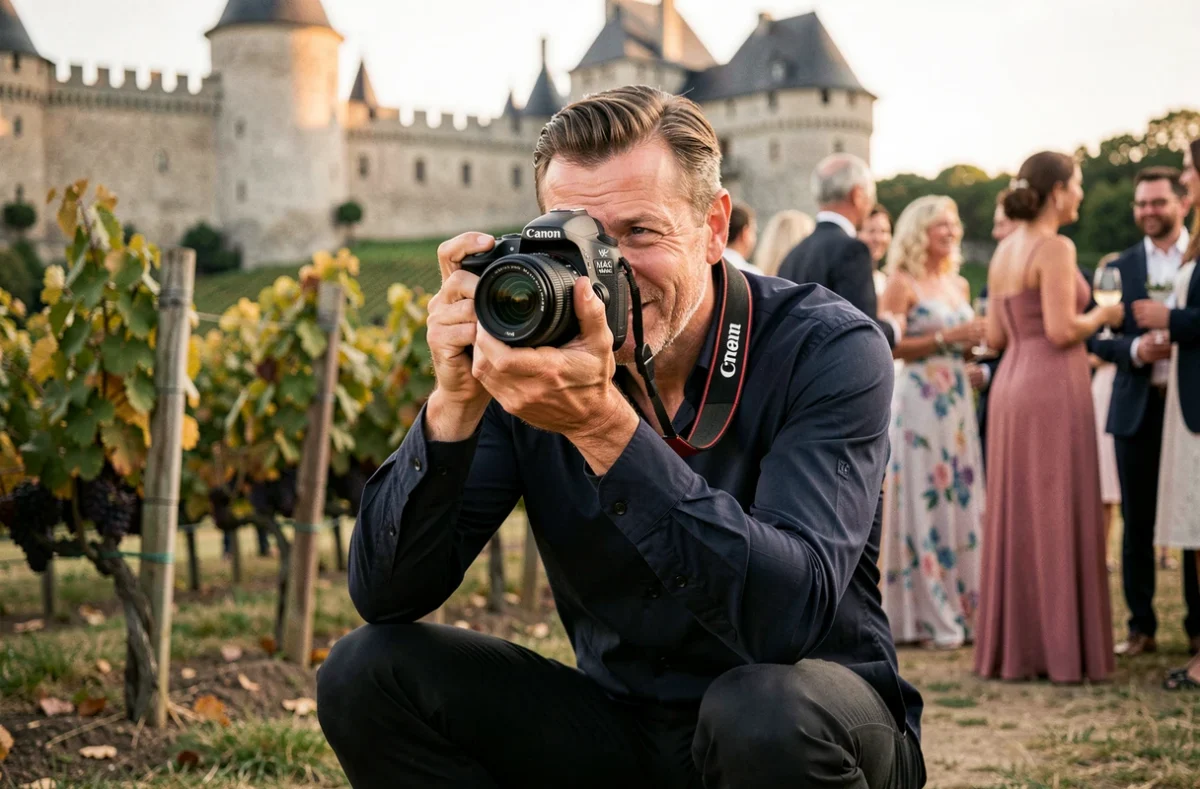 Photographe professionnel en action lors d'un événement viticole à Beaune en Bourgogne