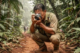 Photographe de guerre posant dans la jungle vietnamienne avec un appareil photo argentique, recréant l'atmosphère des reportages de la guerre du Vietnam