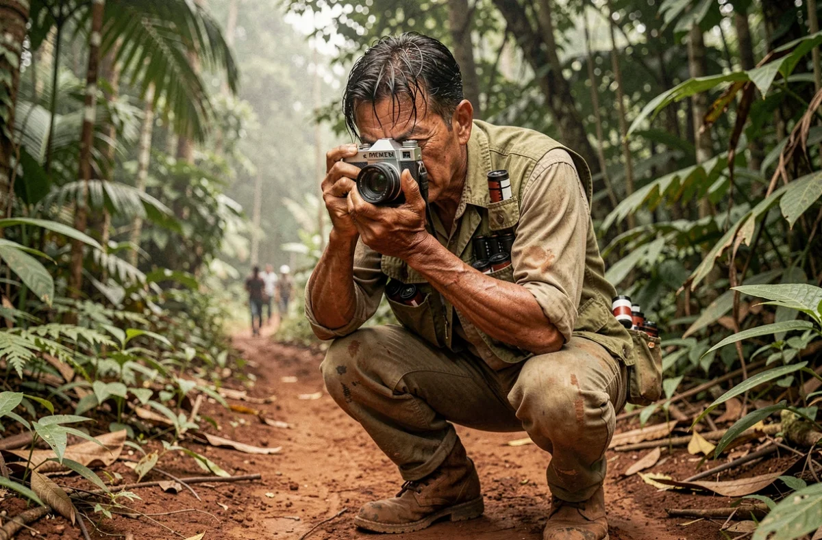 Photographe de guerre posant dans la jungle vietnamienne avec un appareil photo argentique, recréant l'atmosphère des reportages de la guerre du Vietnam