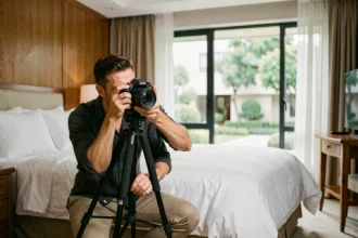 Photographe professionnel en train de shooter une suite d'hôtel de luxe avec un trépied et un appareil photo plein format