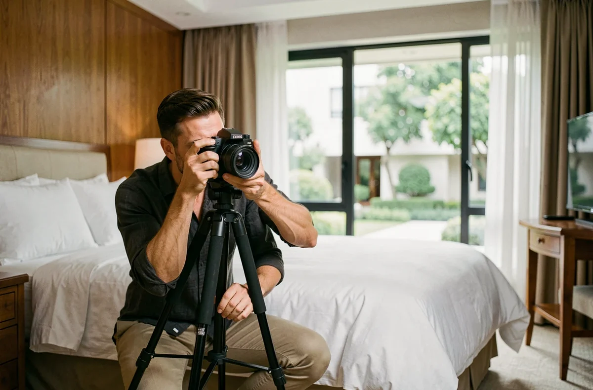 Photographe professionnel en train de shooter une suite d'hôtel de luxe avec un trépied et un appareil photo plein format