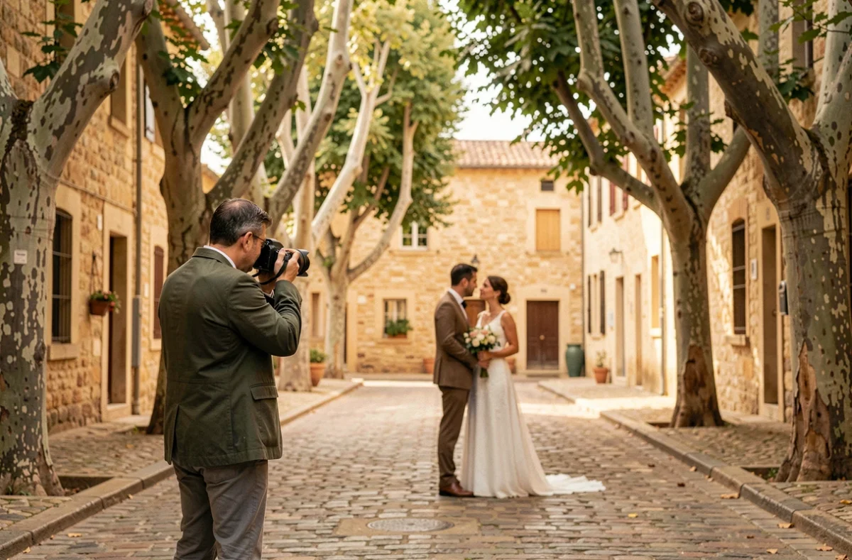 Photographe de mariage au travail lors d'une séance de couple en extérieur dans une allée de platanes à Montélimar