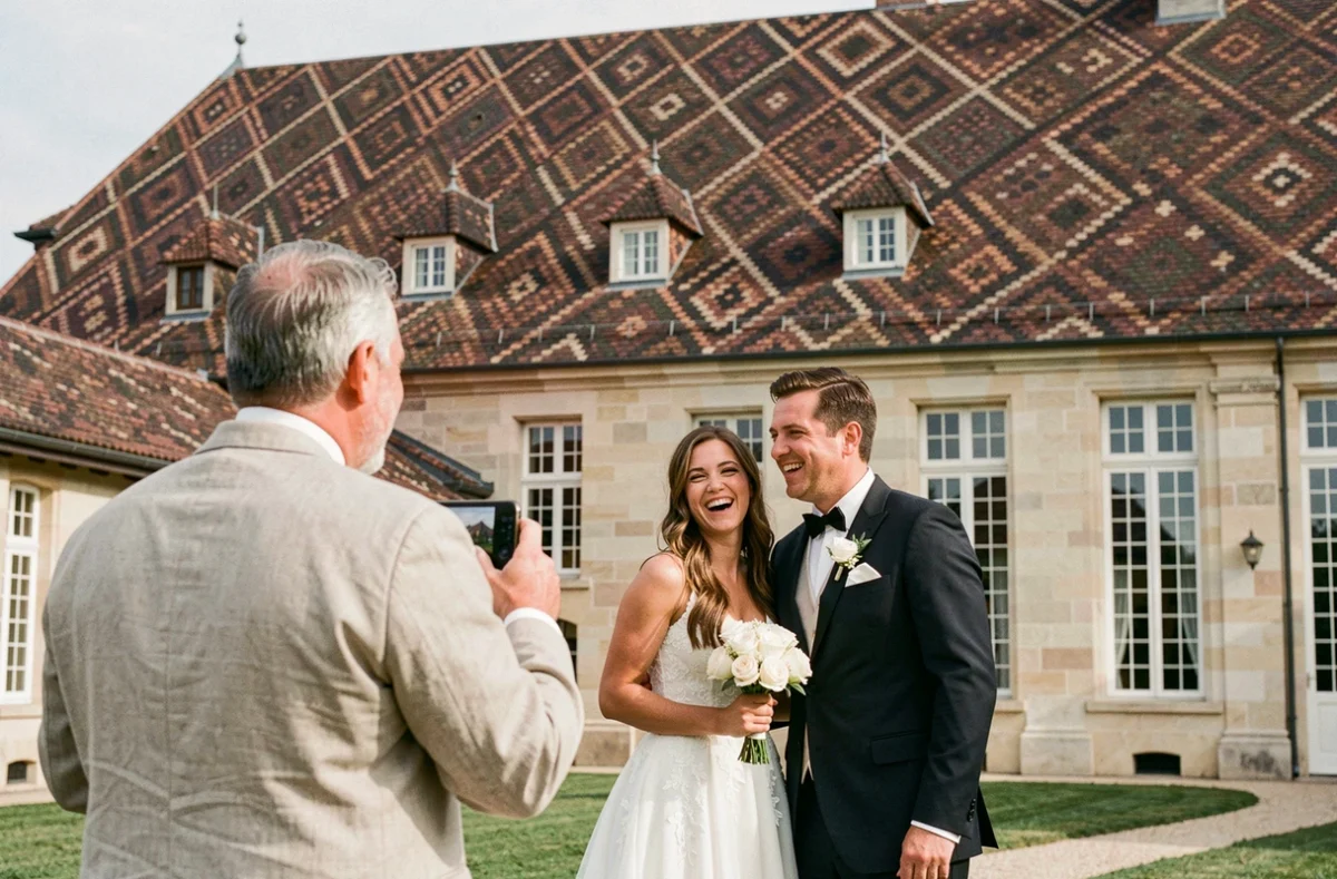 Photographe de mariage travaillant devant les Hospices de Beaune avec un couple en tenue nuptiale