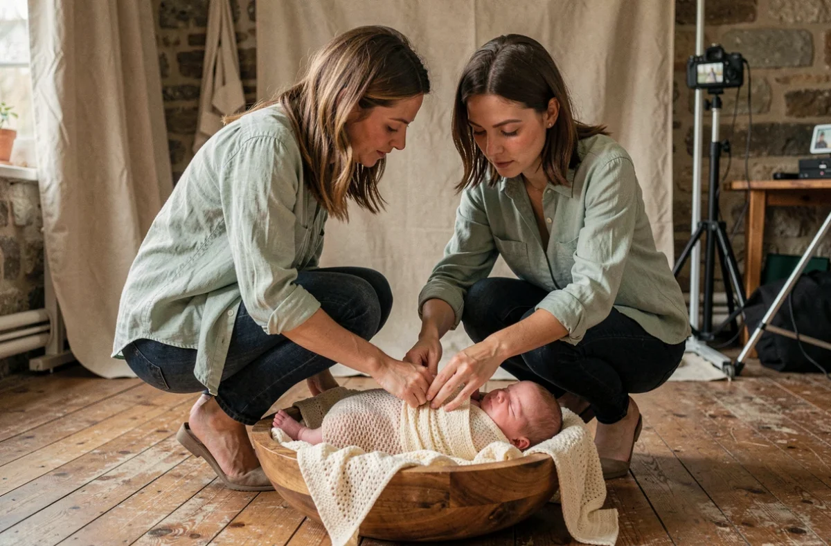 Photographe naissance à Orléans préparant le bébé dans son studio pour une séance photo nouveau-né