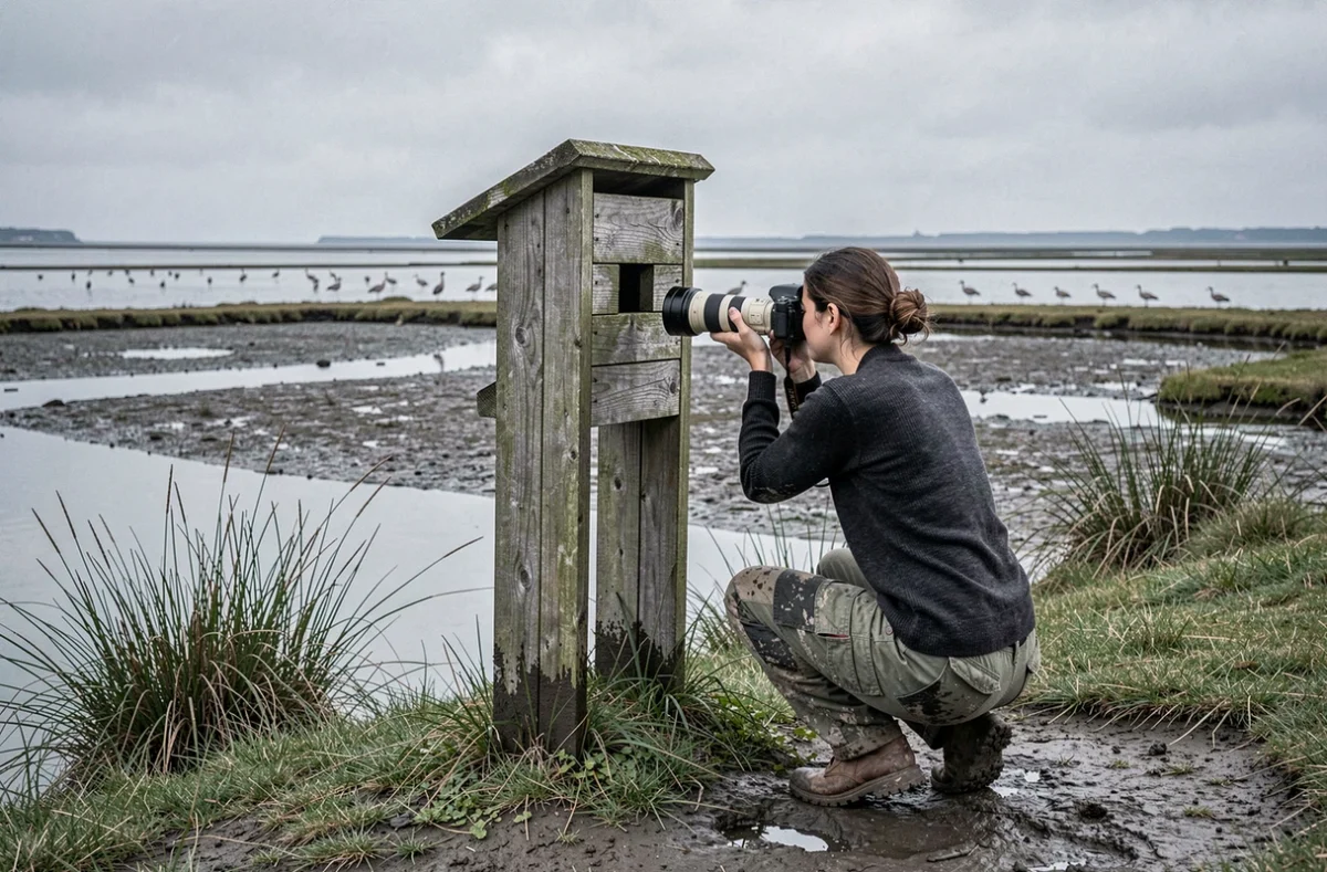 Photographe naturaliste dans un affût en bois observant des oiseaux migrateurs sur une zone humide côtière